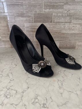 Gucci Black Satin Peep-Toe Heels with Crystal Floral Accent